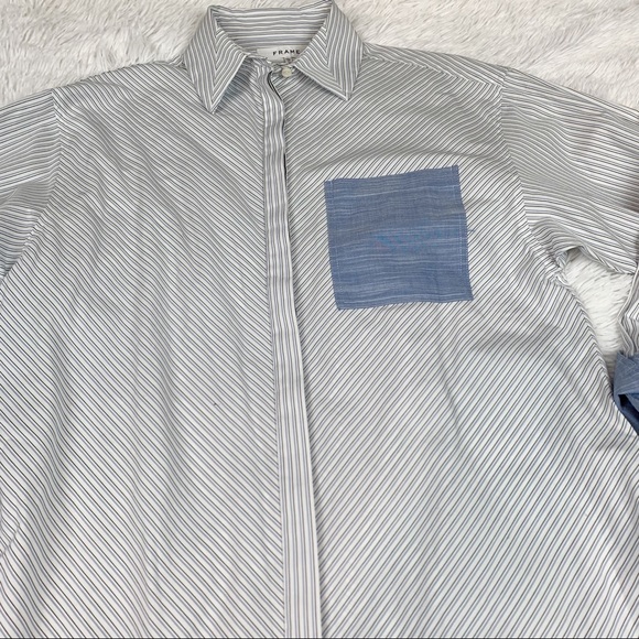 Frame contrast striped wrapped tie waist shirt dress button up pocket - Picture 4 of 12
